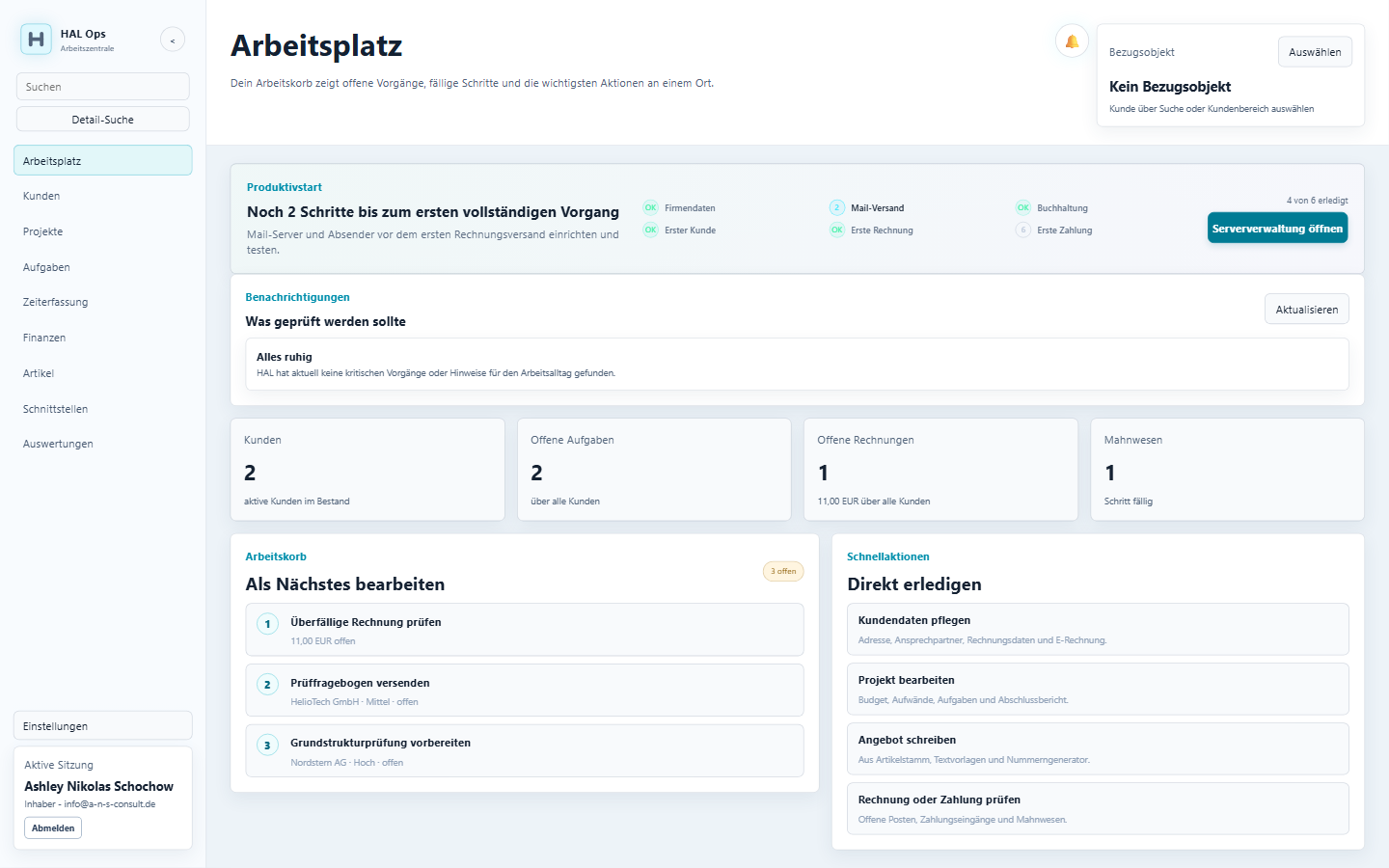 HAL Ops Arbeitsplatz mit Produktivstart, Arbeitskorb und Schnellaktionen